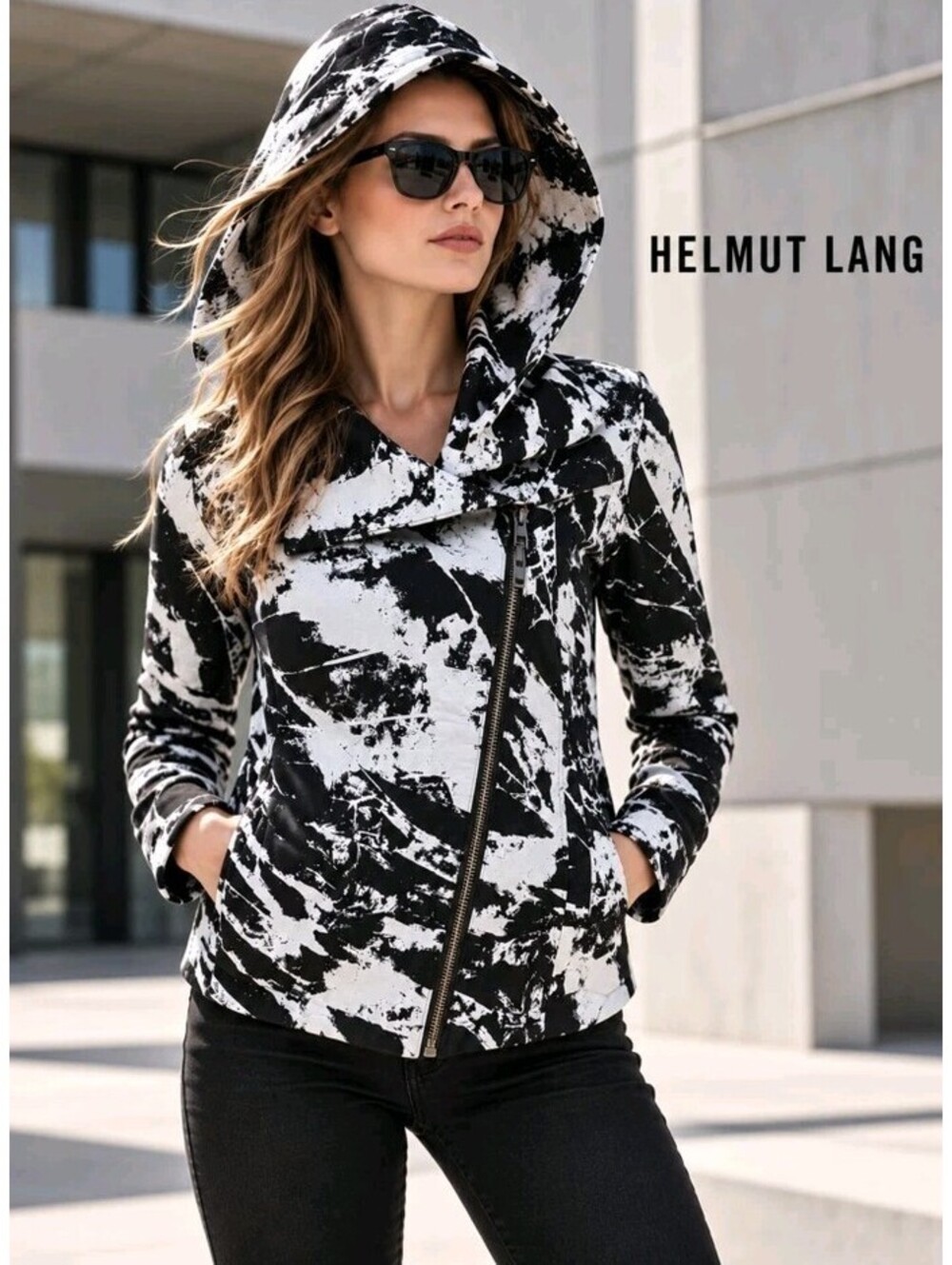 Helmut Size S Lang Black & White Tera Print Asymmetrical Zipper Hoodie NWT #CC